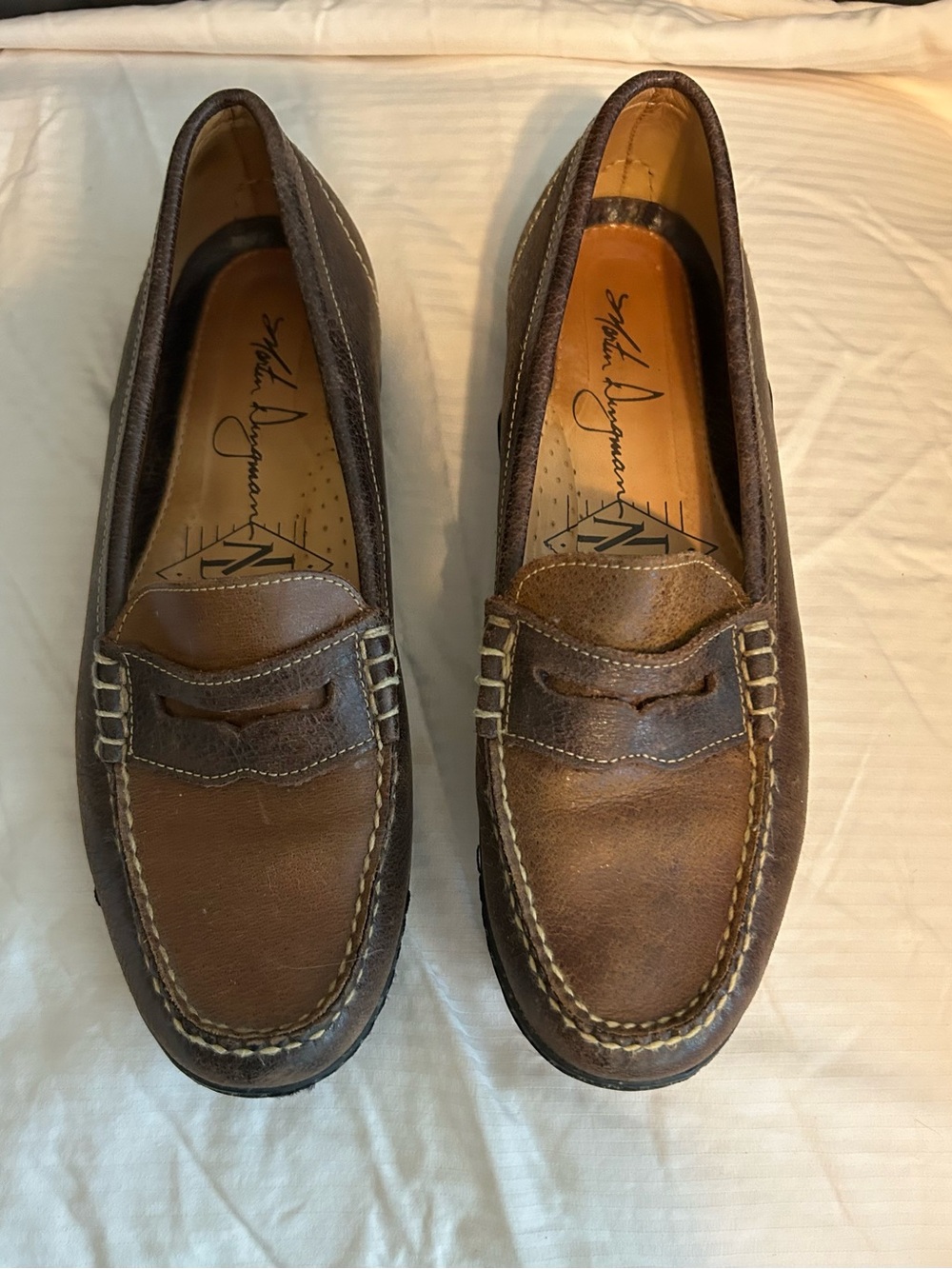Martin Dingman Brown Leather Penny Loafers with Contrast Stitching